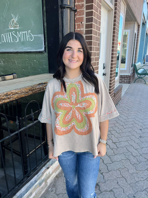 Tan Short Sleeve Top with Orange & Lime Daisy Patchwork