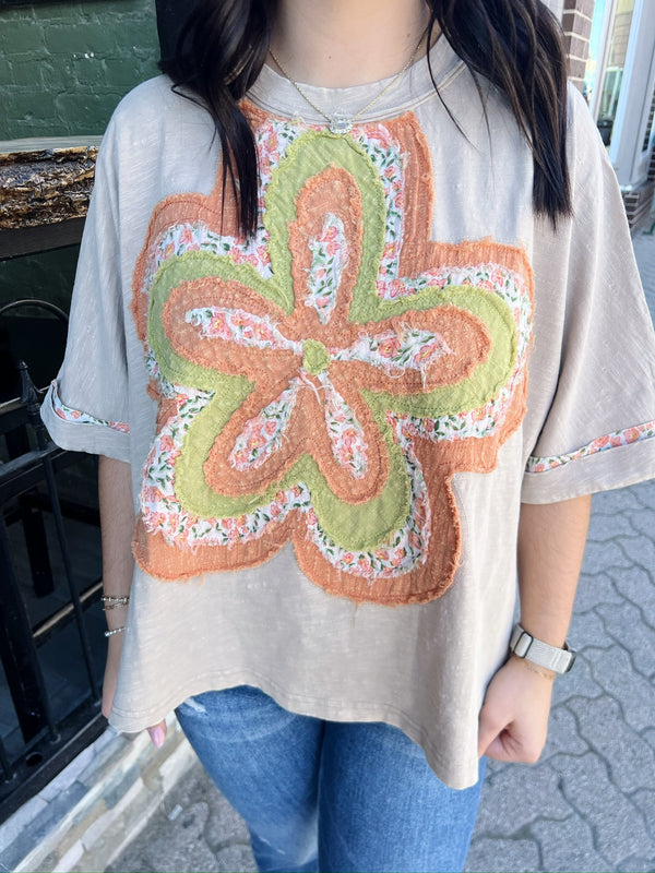 Tan Short Sleeve Top with Orange & Lime Daisy Patchwork