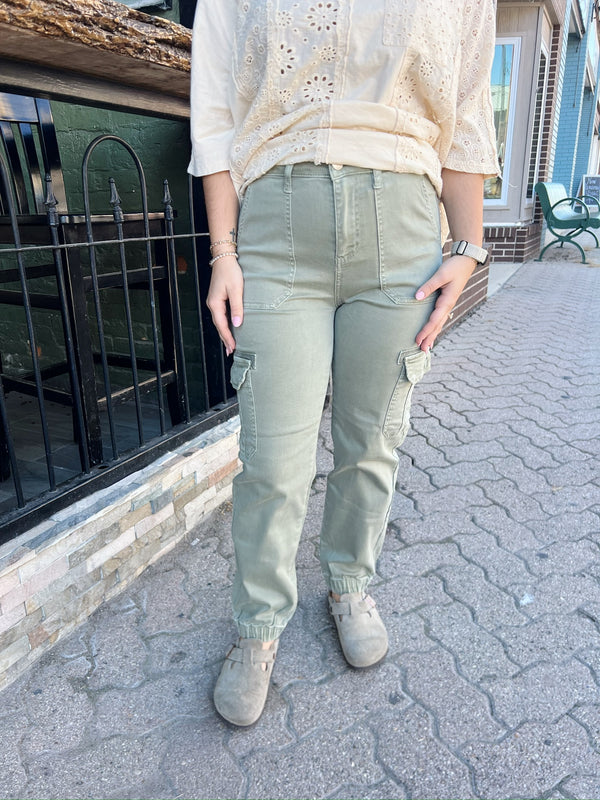 Simmon's High Rise Olive Denim Cargo Joggers