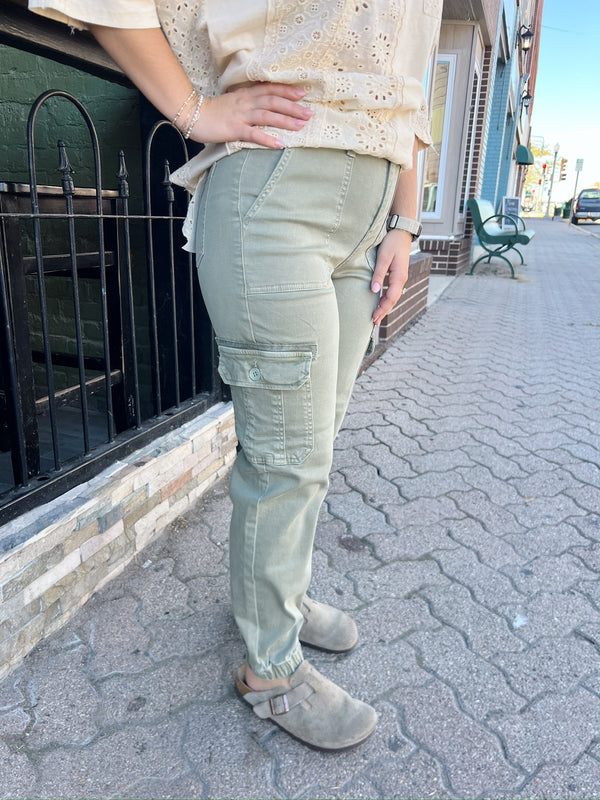 Simmon's High Rise Olive Denim Cargo Joggers