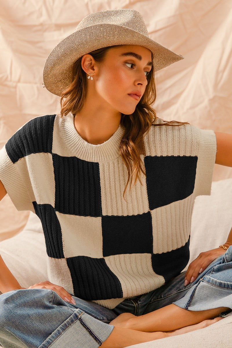 Black and Ivory Checkered Short Sleeve Sweater