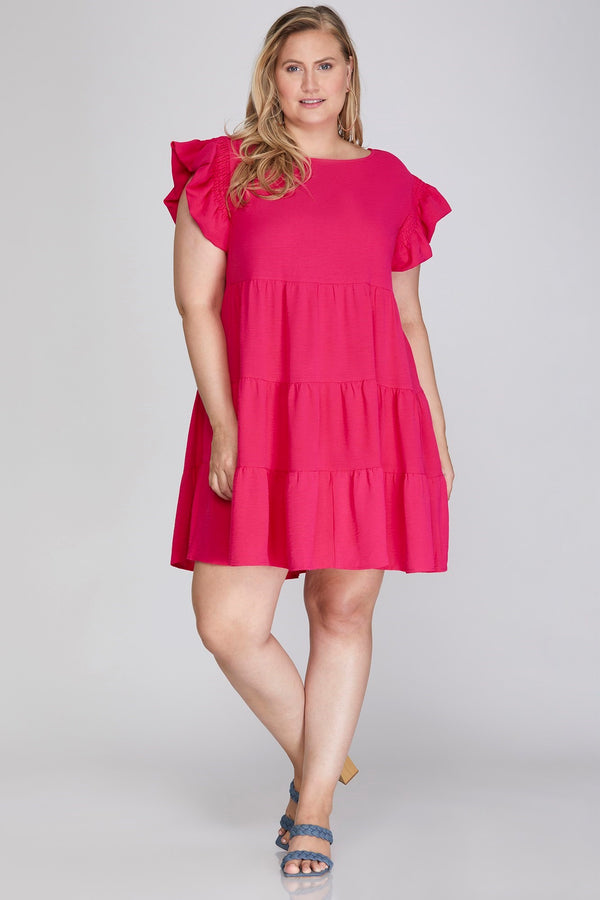 Curvy Cherry Pink Ruffled Smocked Sleeve Tiered Woven Dress