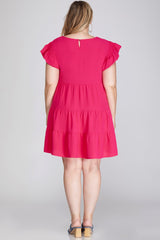 Curvy Cherry Pink Ruffled Smocked Sleeve Tiered Woven Dress