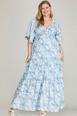 Curvy Flutter Sleeve Smocked Tiered Print Maxi Dress