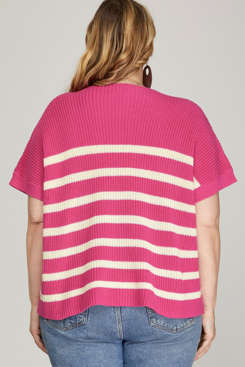 Curvy Pink Drop Shoulder Short Sleeve Striped Sweater Top