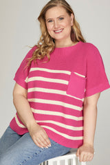 Curvy Pink Drop Shoulder Short Sleeve Striped Sweater Top