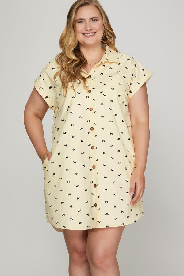 Curvy Folded Cuff Button Down Bow Print Dress