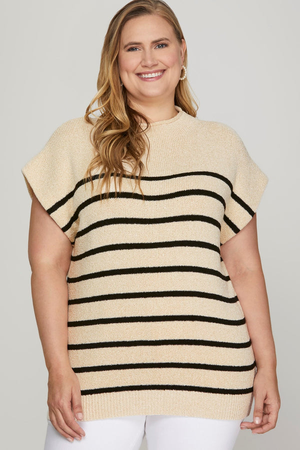 Curvy Drop Shoulder Mock Neck Striped Sweater Top