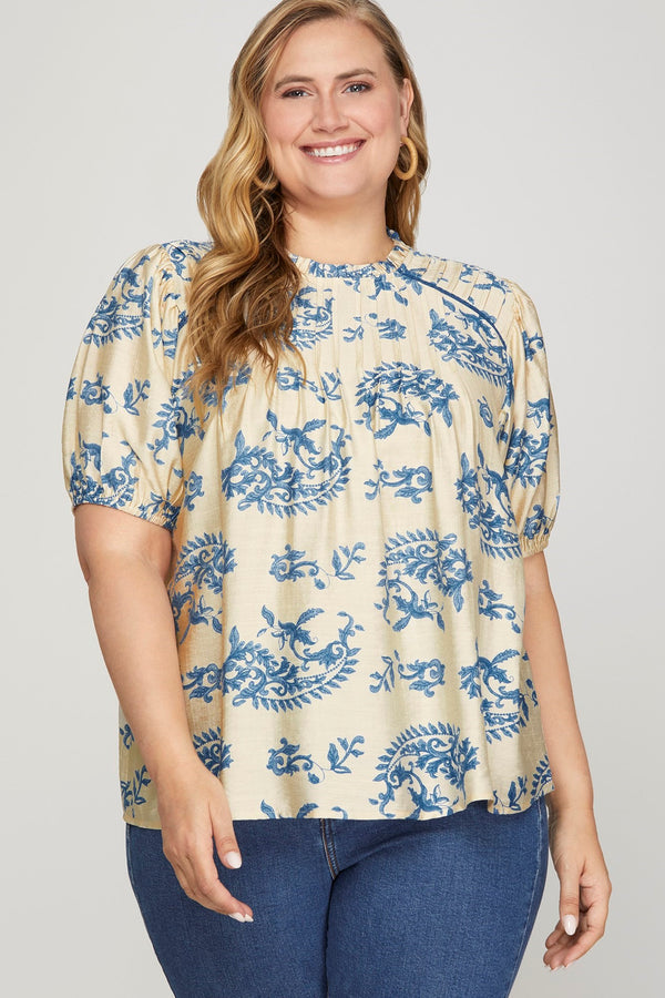 Curvy Short Sleeve Ruffled Neck Woven Print Top