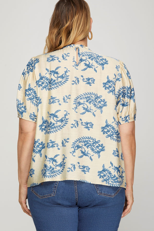 Curvy Short Sleeve Ruffled Neck Woven Print Top