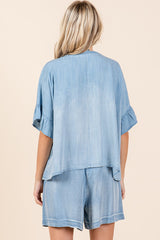 Light Denim Chambray Top with Ruffle Detail