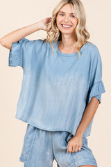 Light Denim Chambray Top with Ruffle Detail