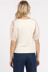 Textured Stripe Knit Fabric Top with Chiffon Sleeves