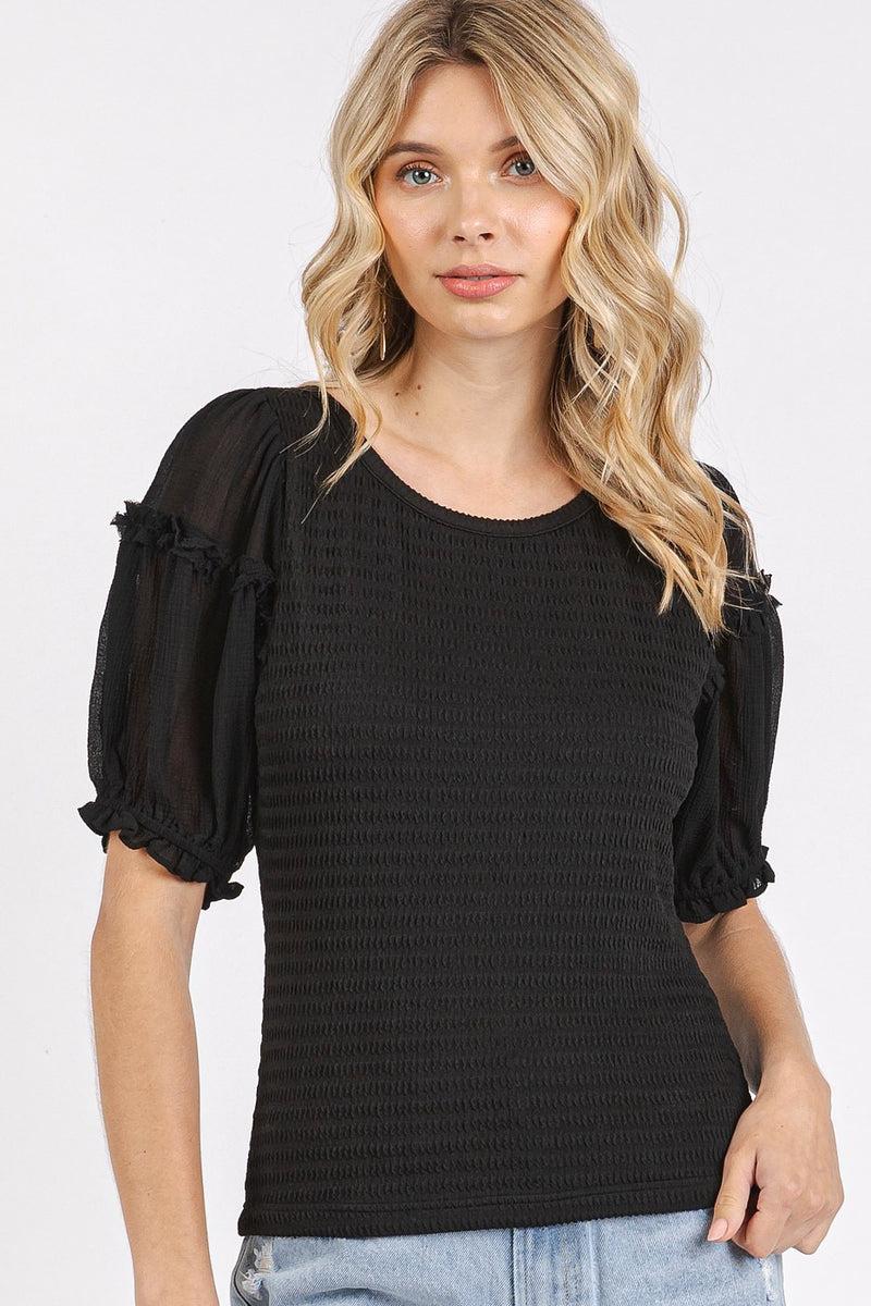 Textured Stripe Knit Fabric Top with Chiffon Sleeves