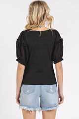 Textured Stripe Knit Fabric Top with Chiffon Sleeves