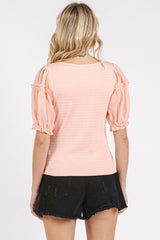 Textured Stripe Knit Fabric Top with Chiffon Sleeves