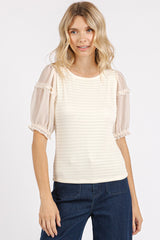 Textured Stripe Knit Fabric Top with Chiffon Sleeves