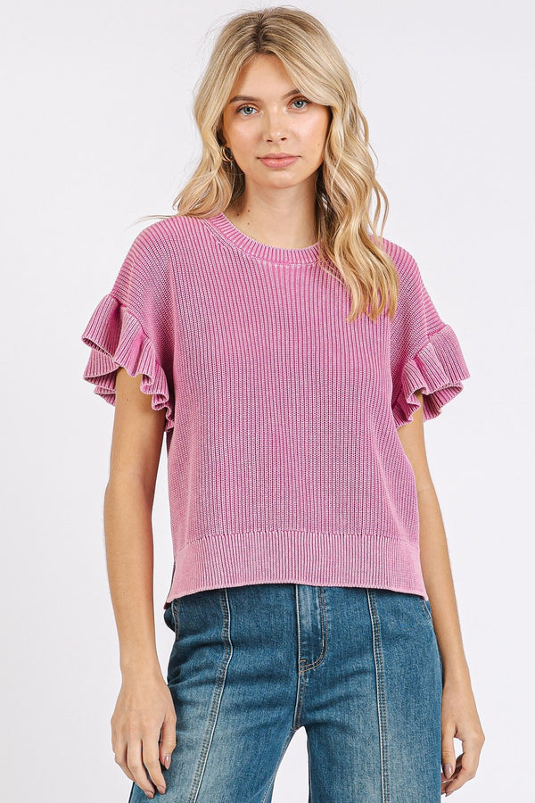 Mineral Wash Sweater Knit Top with Ruffle Sleeve