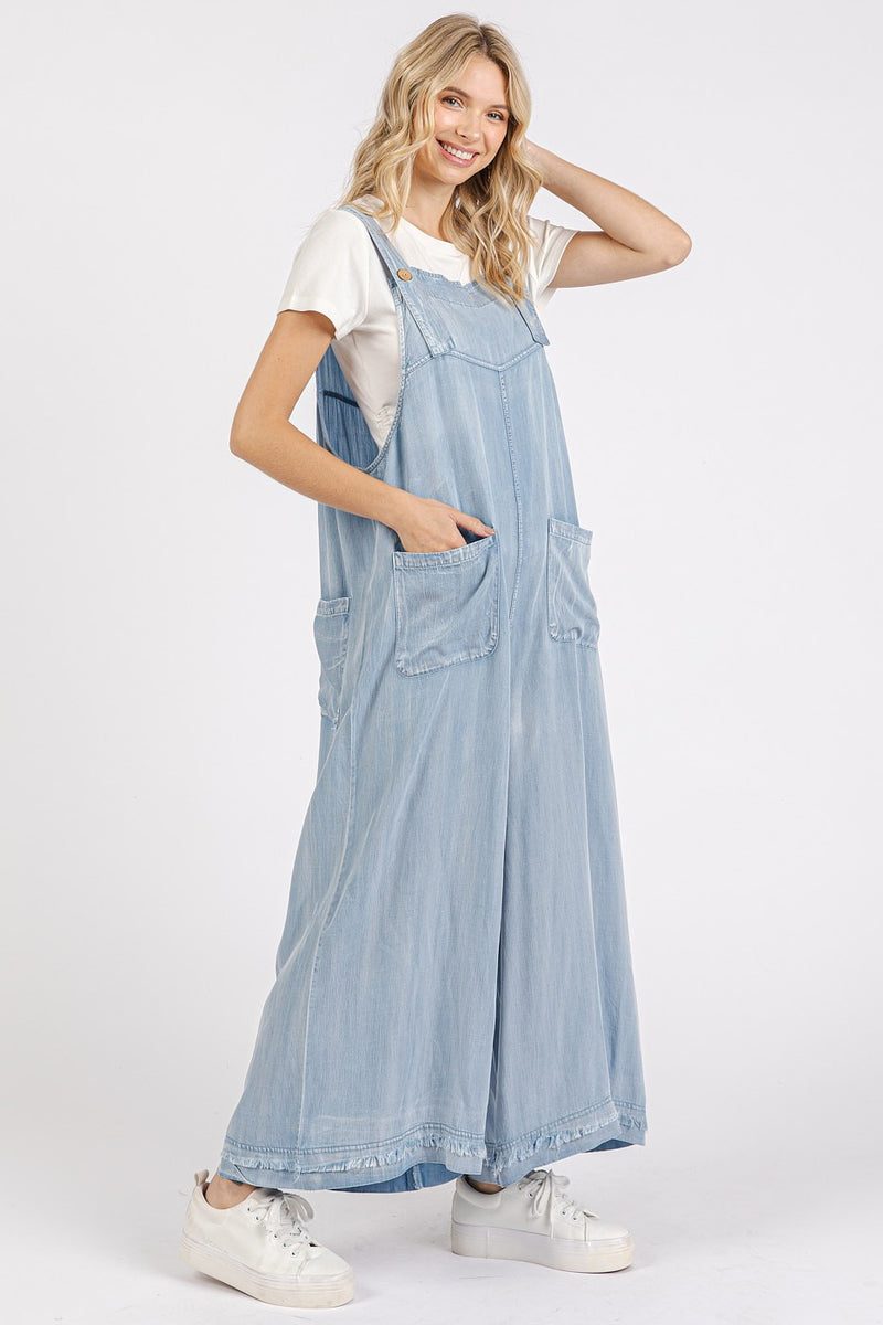 Light Denim Chambray Jumpsuit with Front and Back Pockets