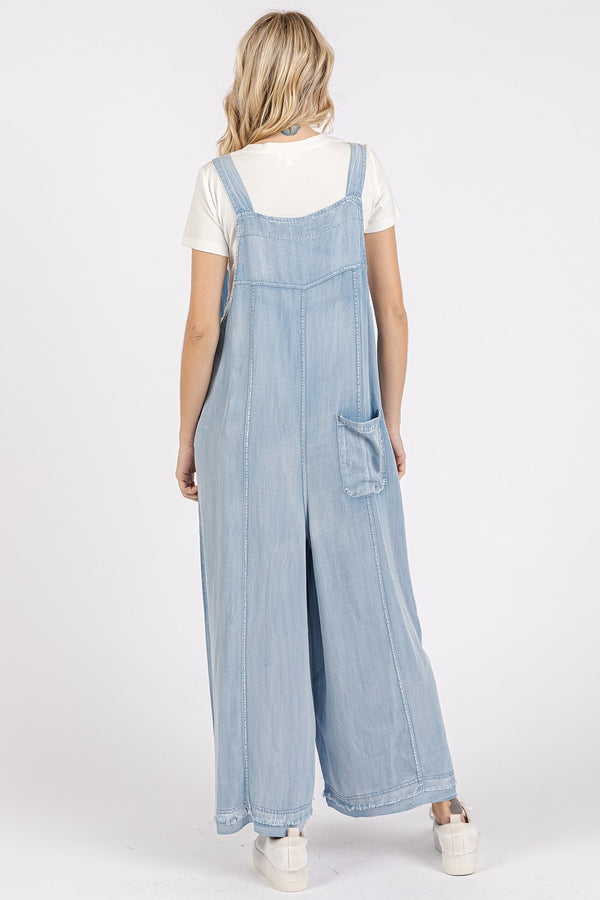 Light Denim Chambray Jumpsuit with Front and Back Pockets