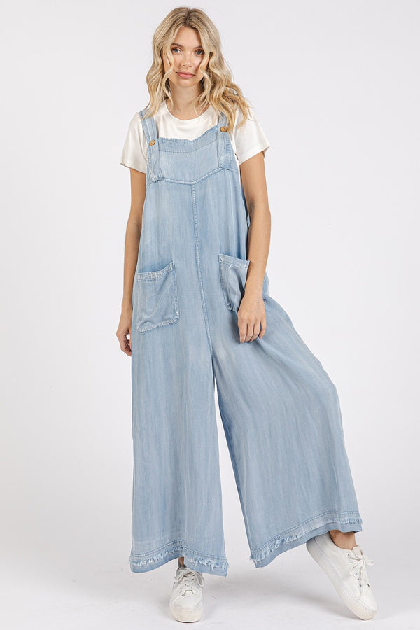 Light Denim Chambray Jumpsuit with Front and Back Pockets