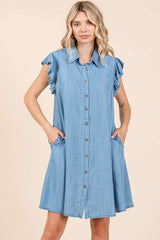 Washed Chambray Button Down Collared Dress