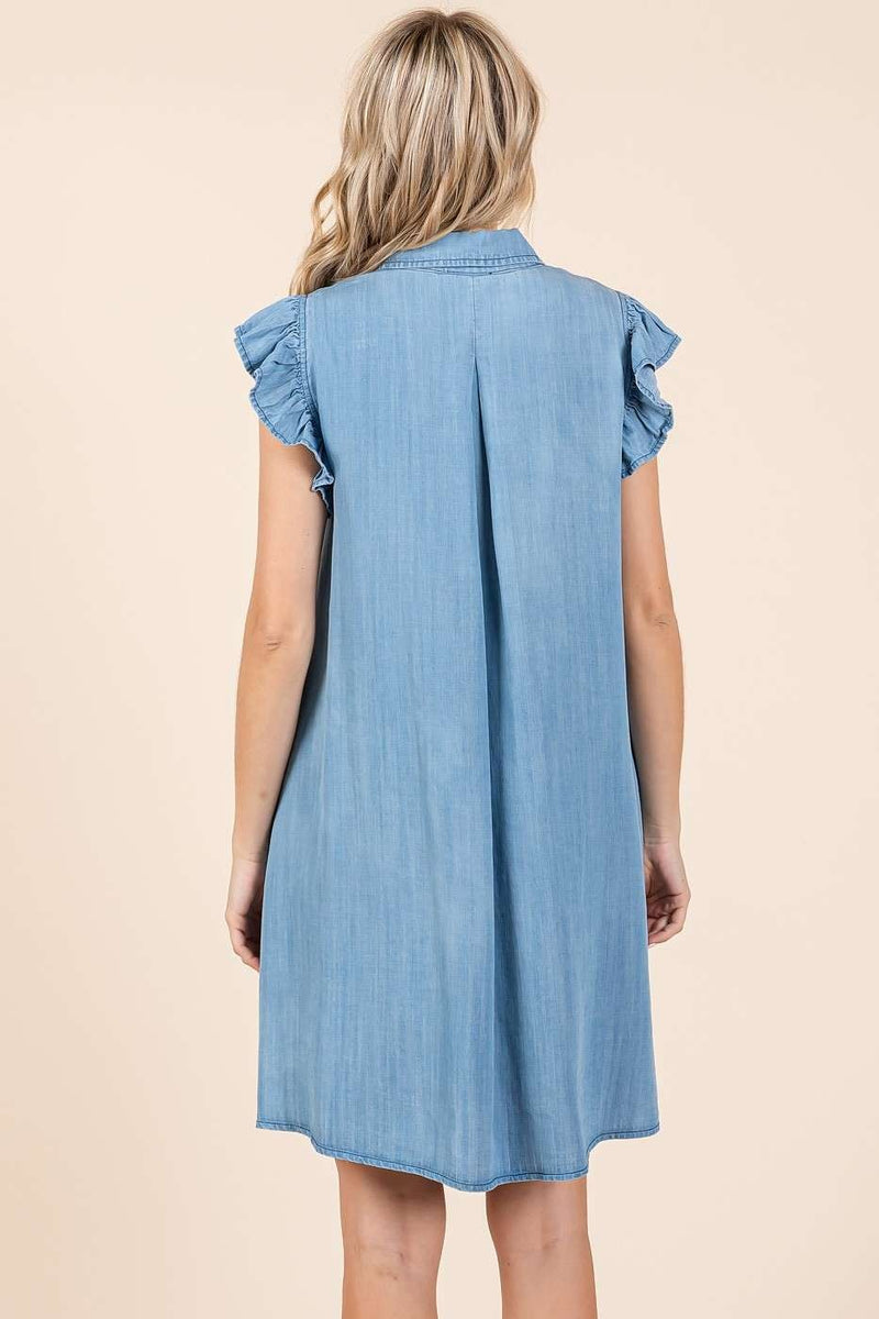 Washed Chambray Button Down Collared Dress