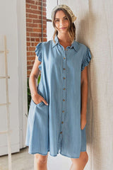 Washed Chambray Button Down Collared Dress