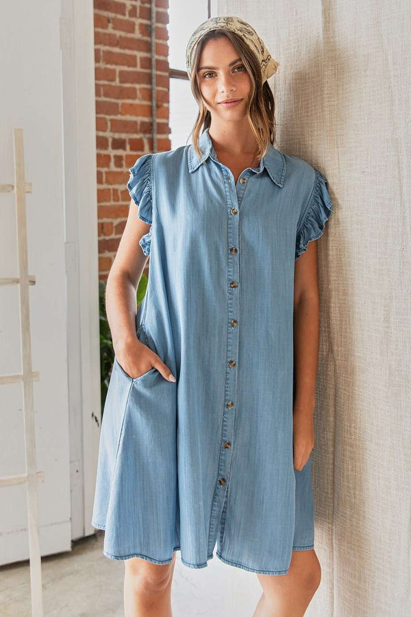 Washed Chambray Button Down Collared Dress