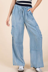 Washed Chambray Pants with Front Slant Pockets