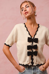 Cream Short Sleeve Sweater With Bow