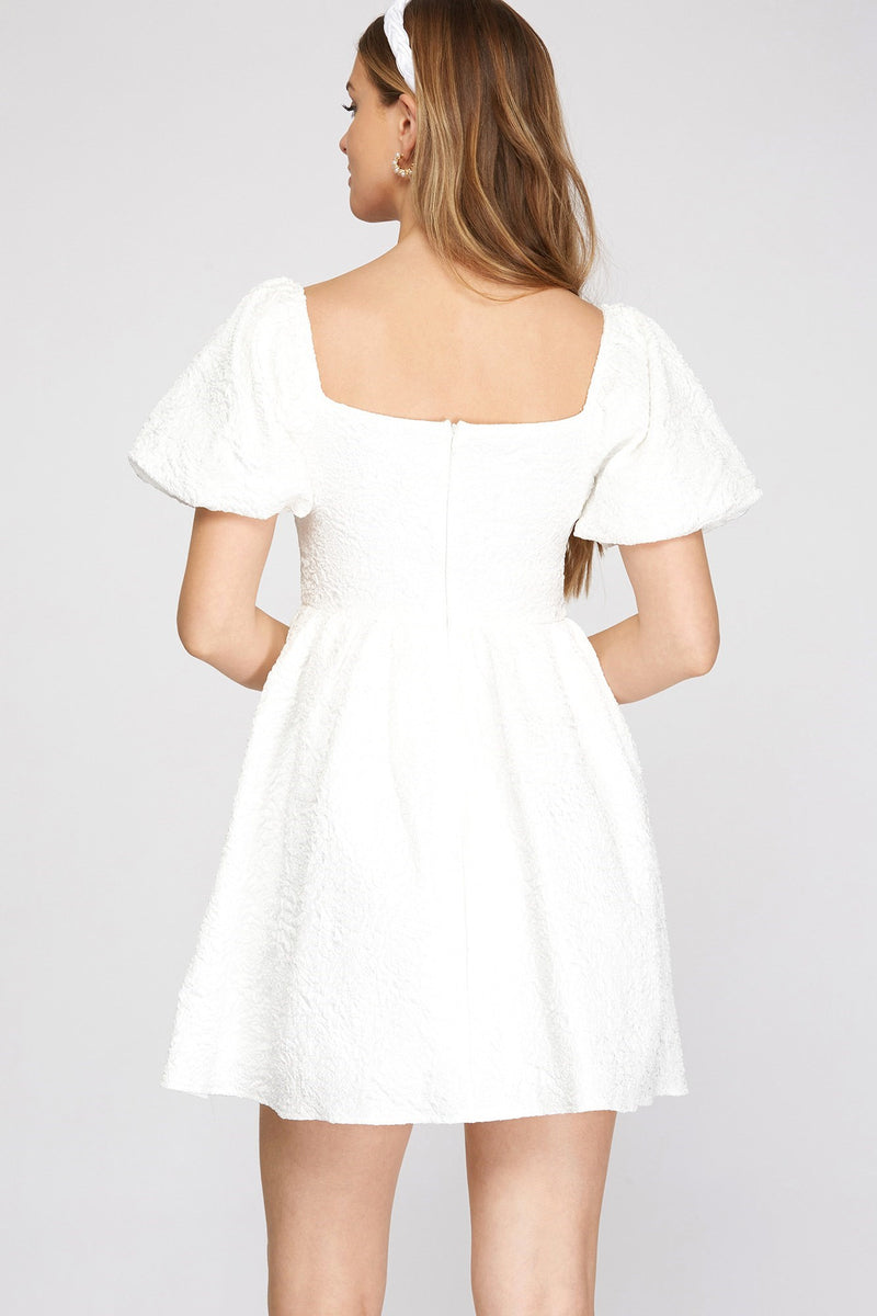 White Short Puff Sleeve Woven Babydoll Dress