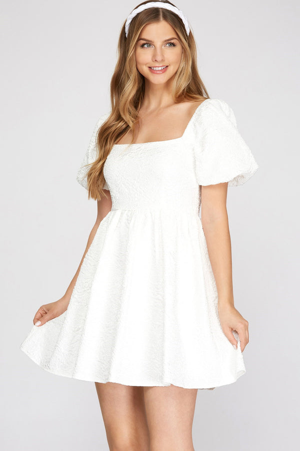 White Short Puff Sleeve Woven Babydoll Dress