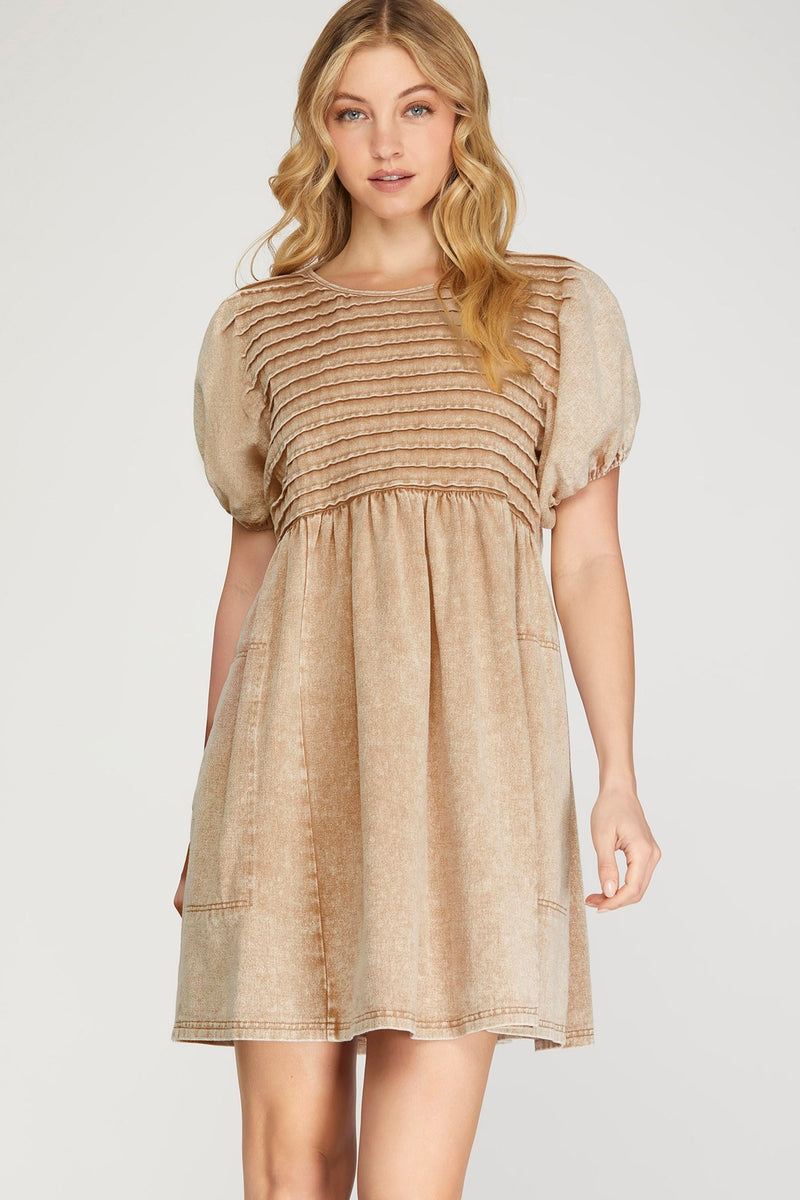 Tan Pleated Top Denim Dress