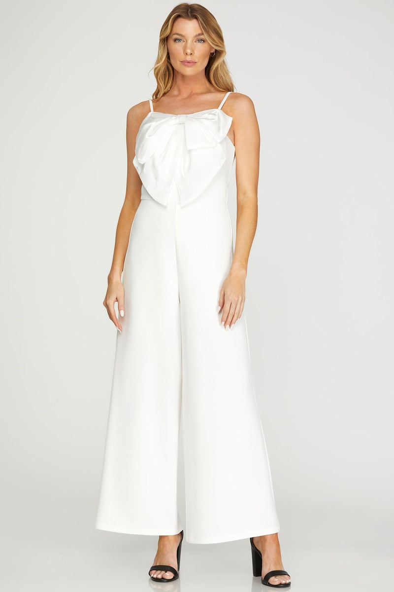 White Cami Heavy Knit Jumpsuit With Big Front Bow