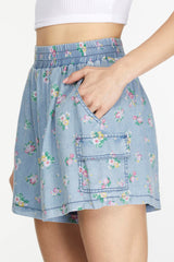 Floral Print Chambray Washed Shorts