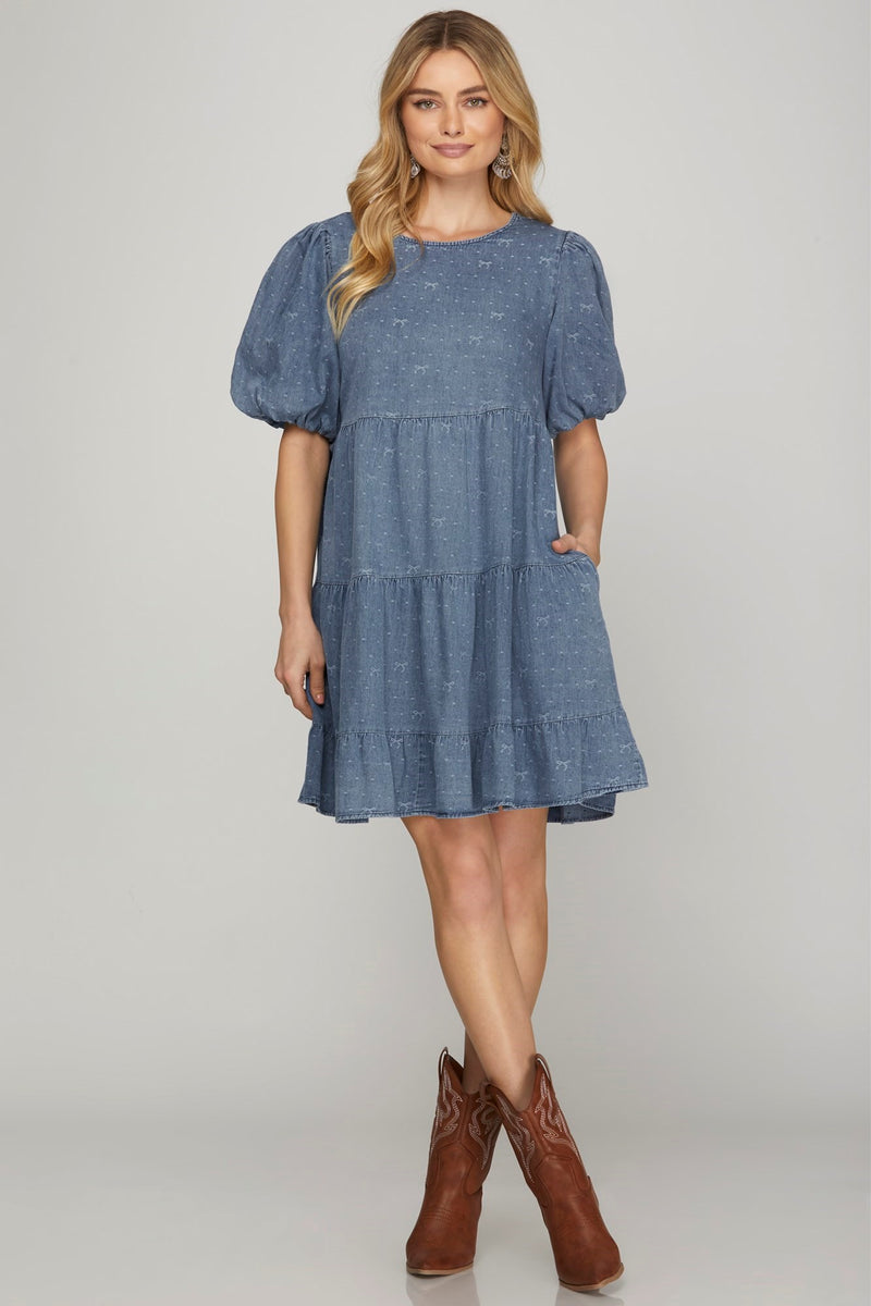 Half Balloon Sleeve Denim Dress with Bow Print