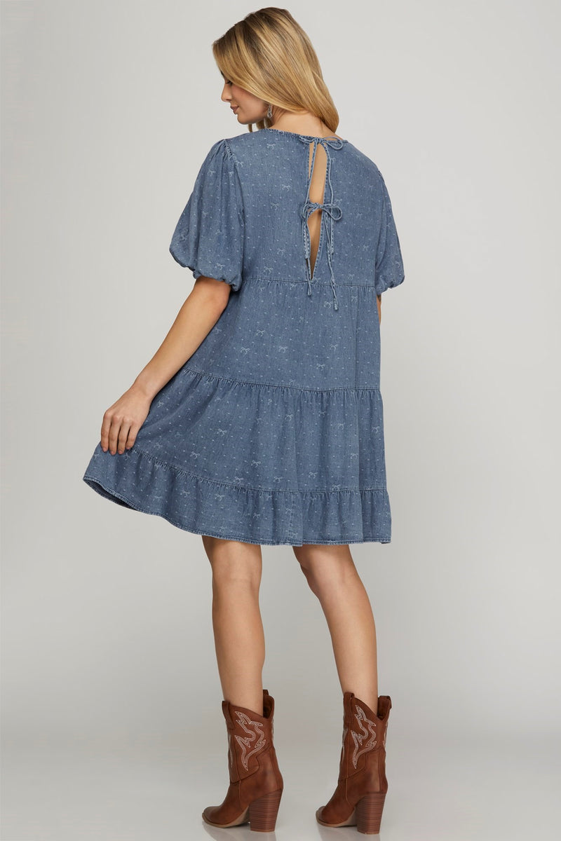 Half Balloon Sleeve Denim Dress with Bow Print