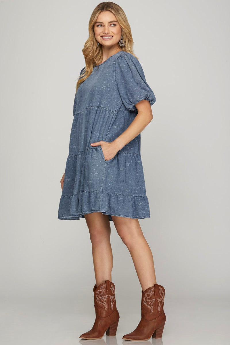 Half Balloon Sleeve Denim Dress with Bow Print