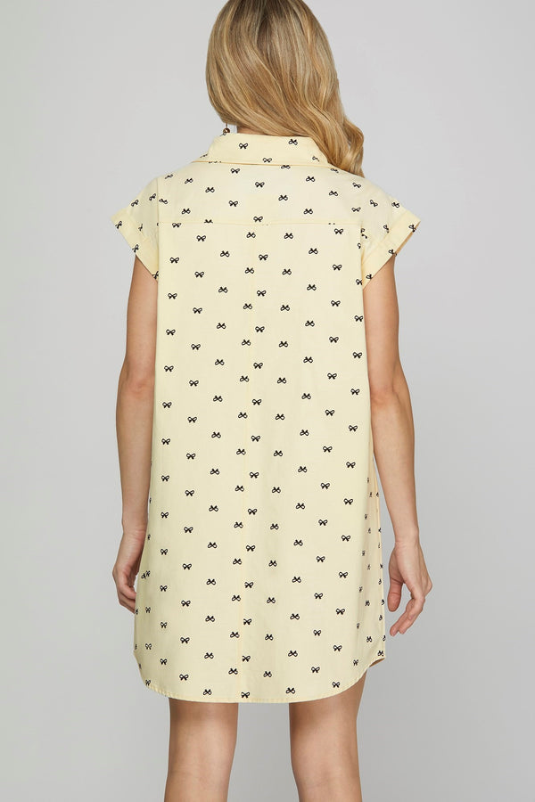 Folded Cuff Button Down Bow Print Dress