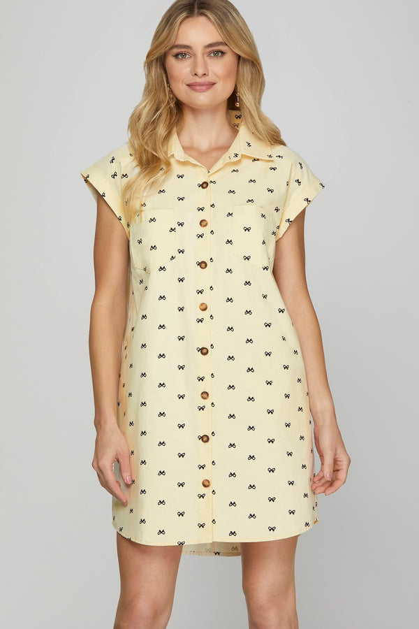 Folded Cuff Button Down Bow Print Dress