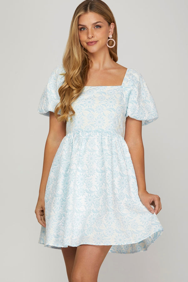 Light Blue Puff Sleeve Baby Doll Dress with Pockets