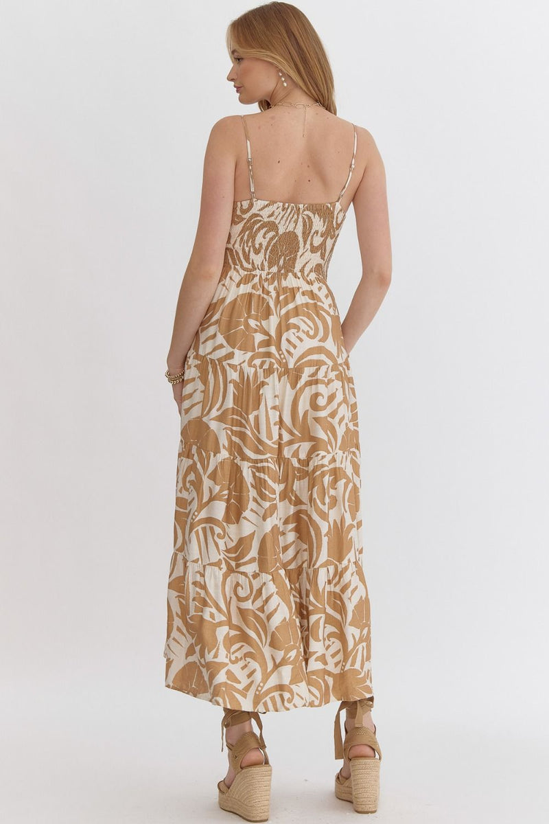 Patterned Smocked Detail Midi Dress