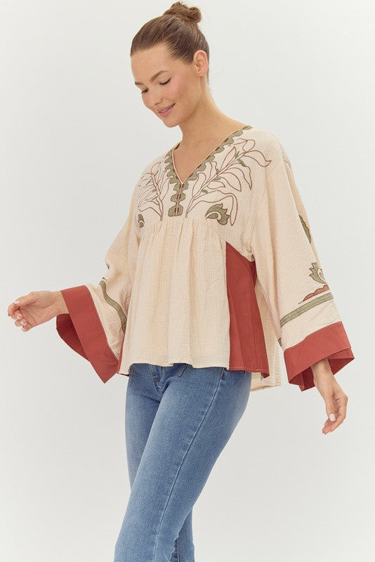 Cream Wide Sleeve Embroidered Top