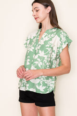 China Collar Gathered Floral Print Top