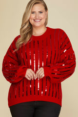 Curvy Red Long Sleeve Crew Neck Sequin Top