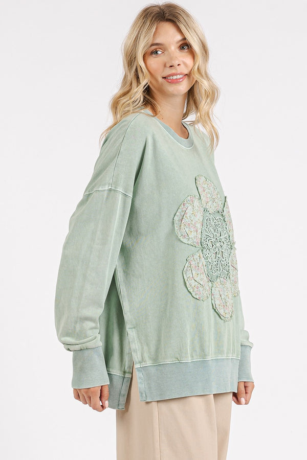 Dusty Sage Side Slit and Daisy Applique Top