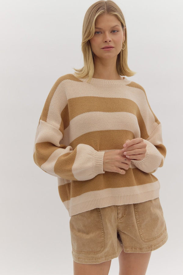 Camel Striped Knit Balloon Sleeve Sweater