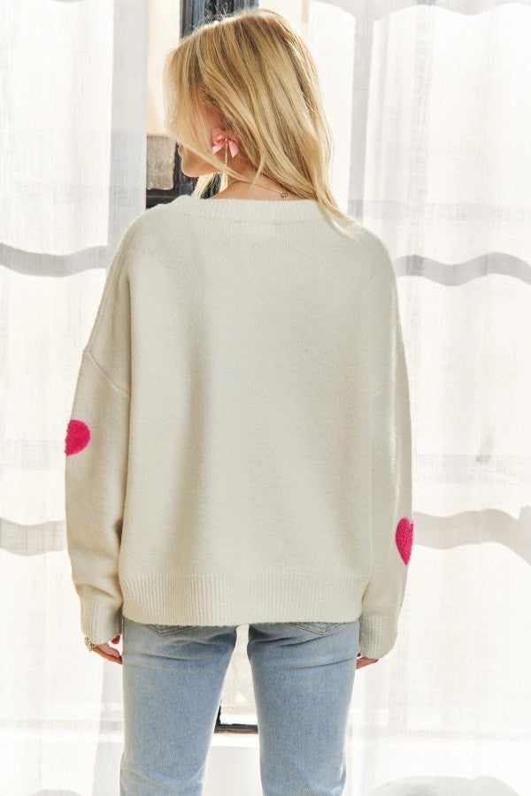 White Sweater with Hot Pink Fuzzy Heart Patches