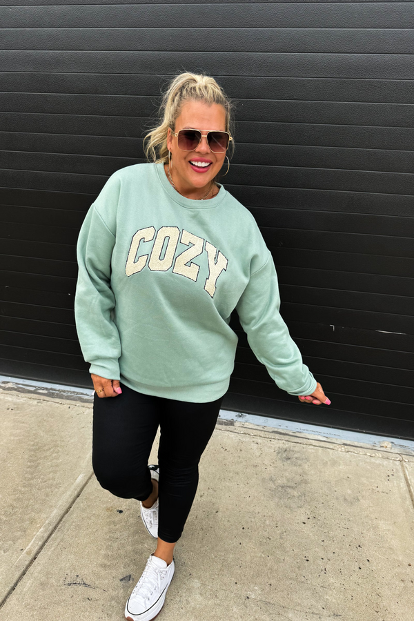 Sage Blue Sherpa Embroidered Cozy Sweatshirt